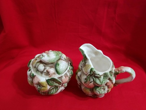 Lefton Fruits of Italy Creamer and Covered Sugar Bowl Green Pink Beige 1177 - Picture 2 of 12