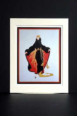 Erte 1987 LADY in LONG BLACK FUR CLOAK w RED LINING Art Deco