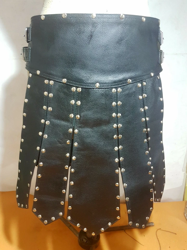 Hombre Vaca Real Cuero Negro Gladiador Romano Kilt Club Ropa LARP Nuevo Diseño Foto 3 de 4