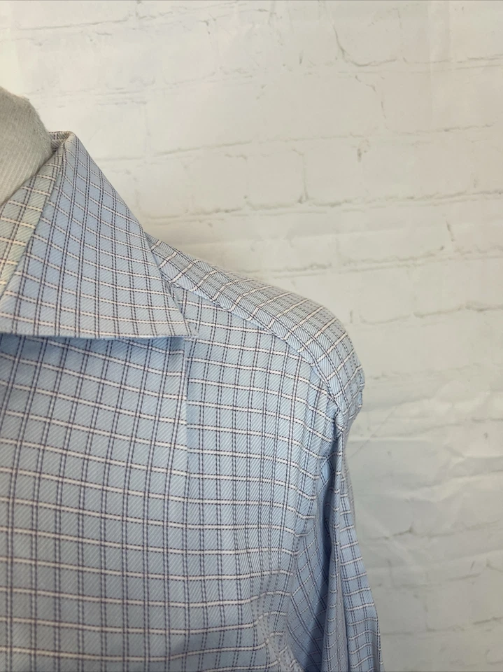 Camisa de vestir de algodón a cuadros azul claro Hugo Boss para hombre 16,5 - 34/35 $195 Foto 2 de 4