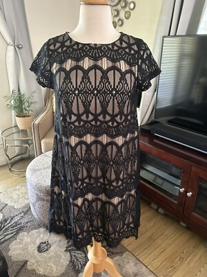 Love Fire black & nude lace shift party dress scallop hem size S | eBay