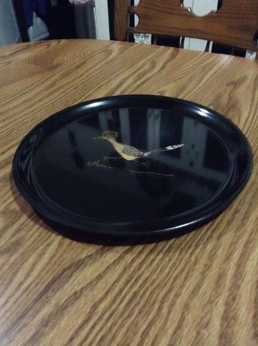 VINTAGE COUROC MONTEREY MID-CENTURY ROADRUNNER INLAID BLACK LACQUER SERVING TRAY - Picture 4 of 12
