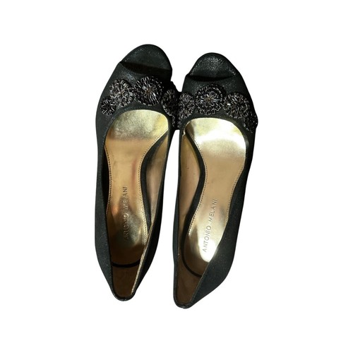 Antonio Melani Black Leather Jeweled Platform Heel Peep Toe Shoes Size 8 M - Picture 6 of 11