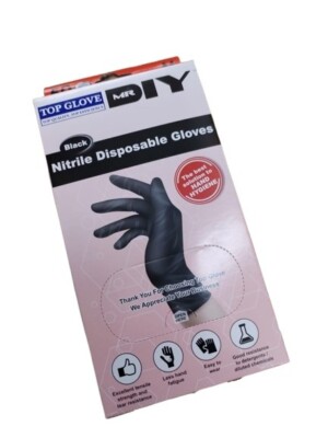Top Glove 50pcs  Grip BLACK DISPOSABLE NITRILE Gloves  Powder Free