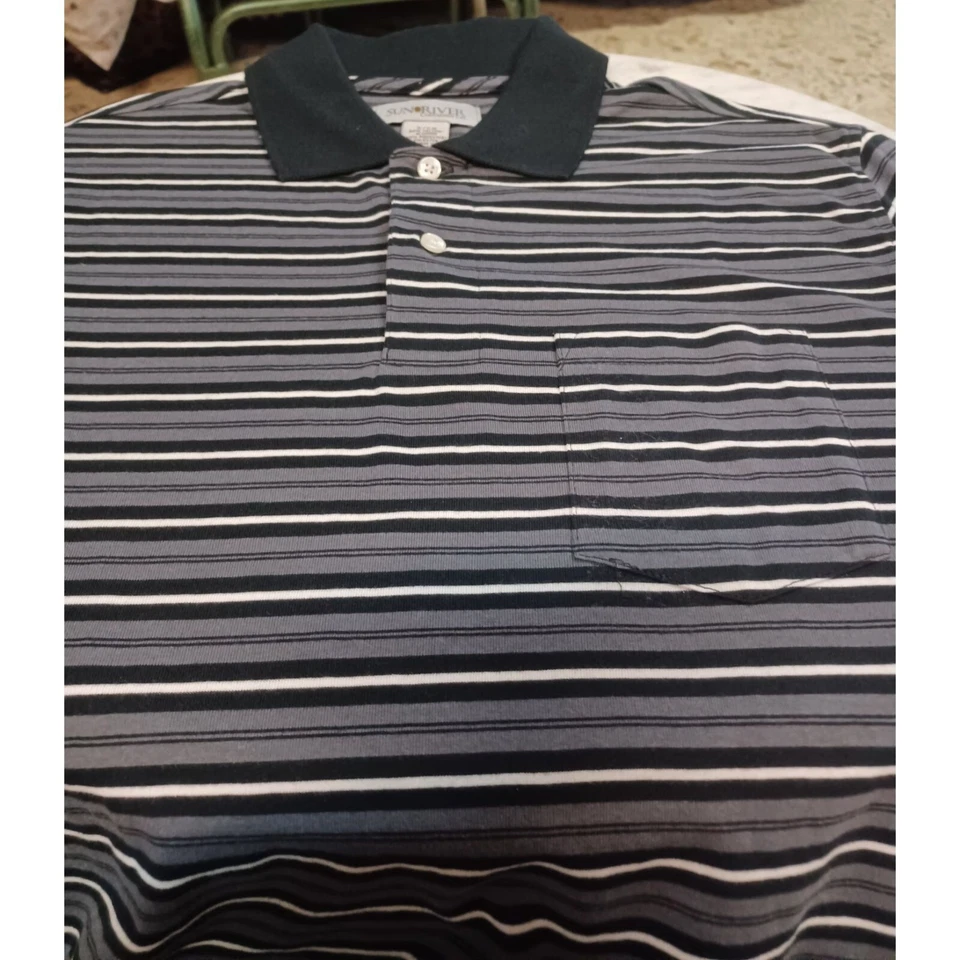 Polo de bolsillo Sun River para hombre nuevo sin etiquetas pequeño manga corta rayas negro blanco gris Foto 2 de 3