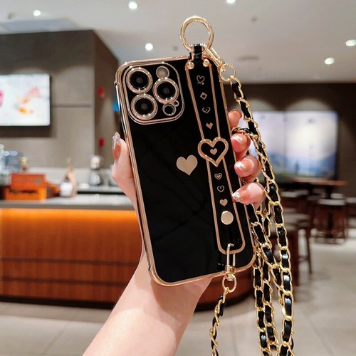 For iPhone 15 14 13 12 11 Pro Max Plating Lanyard Wrist Strap Heart Case Cover - Picture 13 of 25
