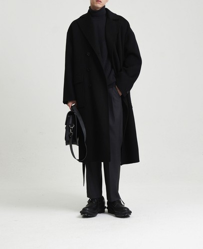 Men's Solid Coat Long Double-sided Wool Coat Lapel Button Windbreaker Long Coat - Picture 12 of 18