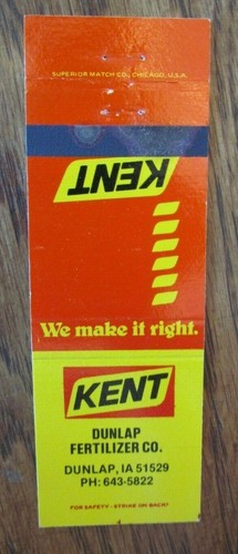 FARM RELATED: KENT FEEDS (DUNLAP FERTILIZERS, IOWA) MATCHBOOK MATCHCOVER -F8