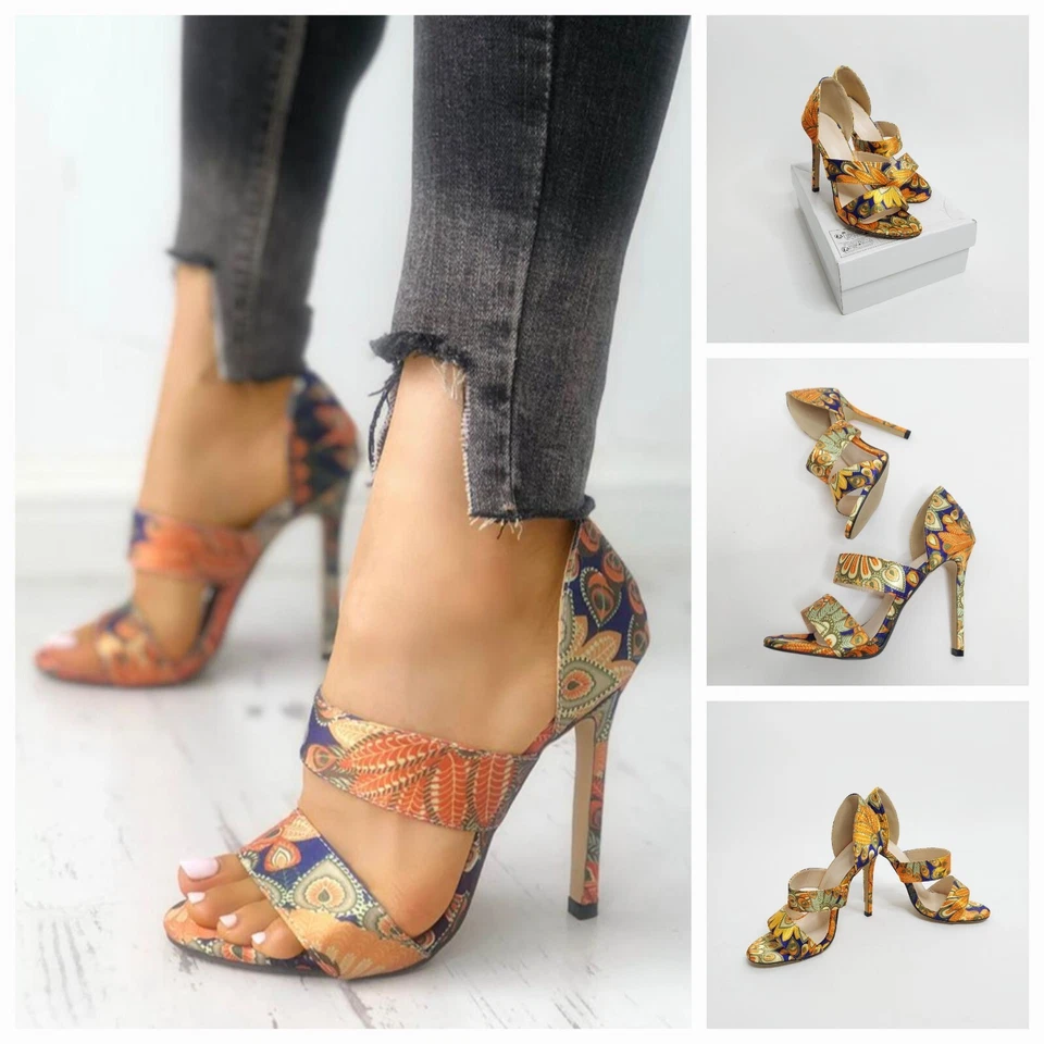 Sandalias de tacón de aguja con estampado de plumas de pavo real talla 9 para mujer Foto 2 de 4