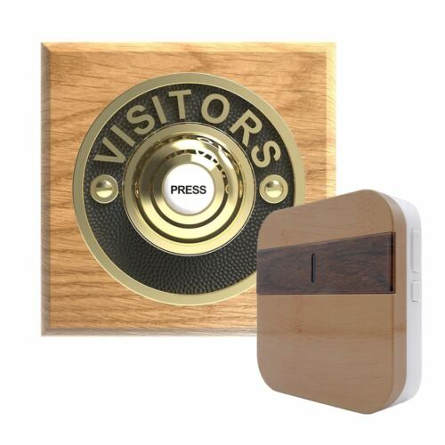 Traditional Square Wireless Doorbell VISITORS in Honey Oak and Brass - Picture 2 of 8