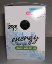 Leggs 2 Pair Compression Sheer Pantyhose Control Top No-Roll Waistband Black