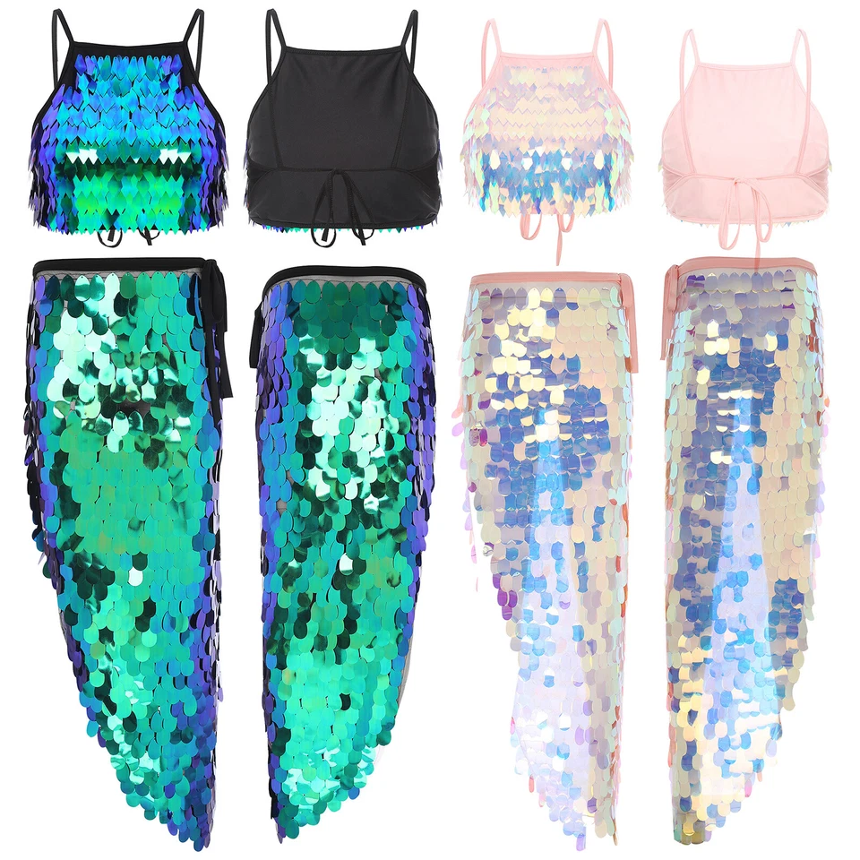 Mujeres Ropa de Baile Maxi Trajes Lentejuelas Brillante Disfraz 2 Piezas Ropa de Rendimiento Foto 3 de 3