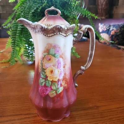 Antique Bavaria Germany Porcelain Chocolate Pot - Hand Painted Yellow Pink Roses