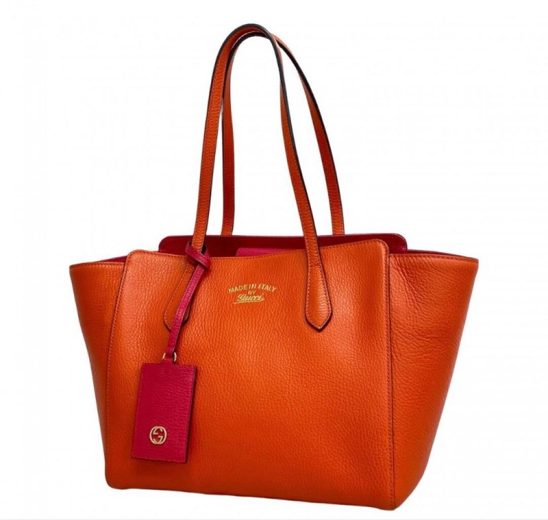 Gucci Leather Tote Bag Orange Pink Swing Authentic Italy Women's Fashion