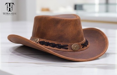 Real Leather Australian Western Cowboy Distressed Cowhide Bush Hat