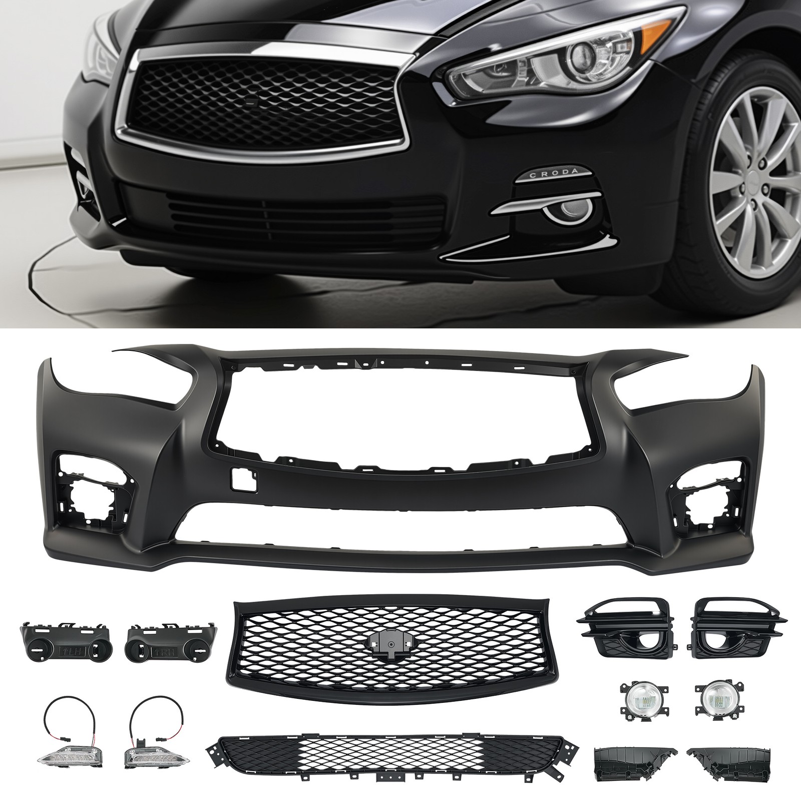 Unfolded Front Bumper W/ Grille Fog Light For 2014-2017 Infiniti Q50 Q50s Sport