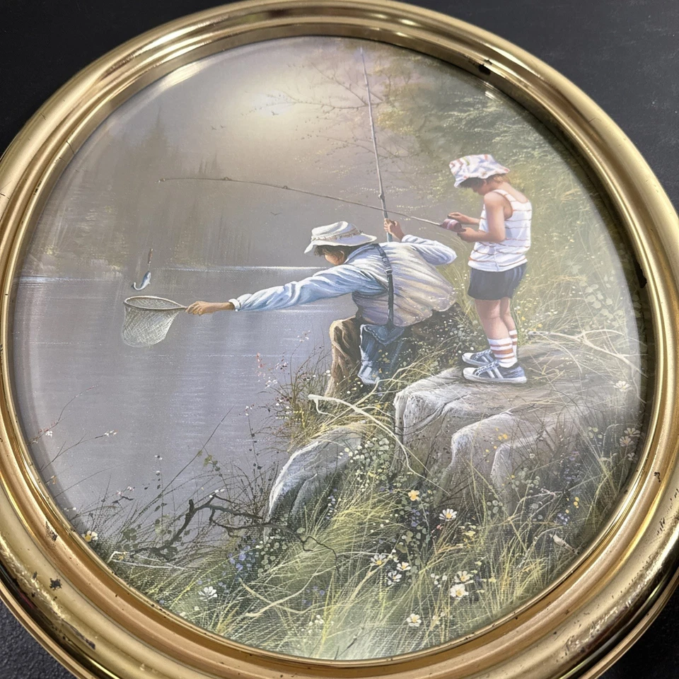 IMPRESIÓN ENMARCADA: HOMCO Cuadro de pesca vintage adulto/niño OVALADO 18" X 22". LEER Foto 2 de 4