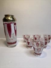 Vintage Carmine Cocktail Shaker 6 Glasses Set 1960s Red White with Gold Accents
