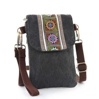 Vintage Embroidered Canvas Flip Small Crossbody Bag Cell Pouch for Wristlet W...