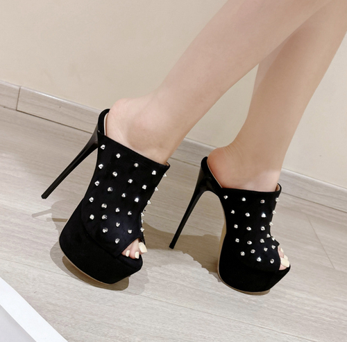 Women Rivets Peep Toe Mules Platform Sandals Stiletto High Heels Shoes Nightclub - Picture 6 of 6