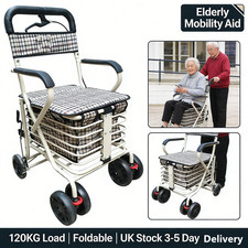 Folding Shopping Trolley Elderly Mobility Aid Rollator with Seat UK