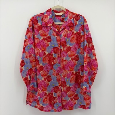 Bechamel Womens Size M Red Pink Floral Button Up Blouse Long Sleeve Tulip Print