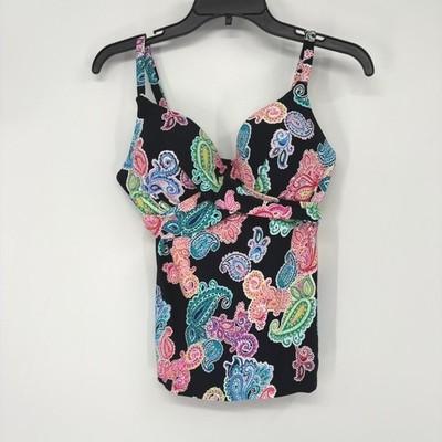 NWT Leilani Tankini Top Womens 8 Black Paisley Underwire Push Up Swimwear