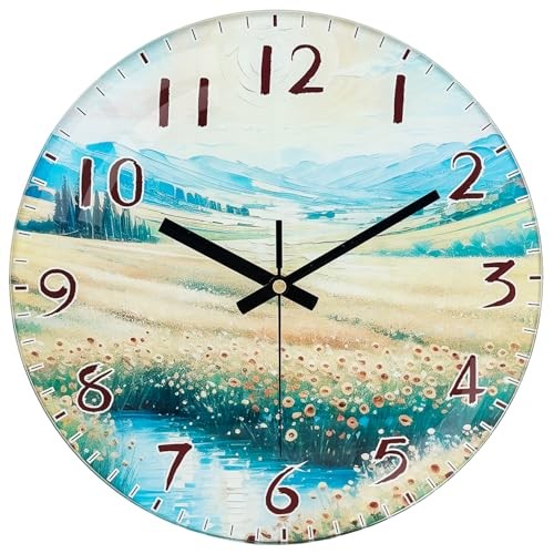 Battery Operated Wall Clock Exclusive Flower & Mountain 8 Inch Green Yellow