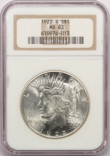 1922-S Peace Silver Dollar $1, NGC MS63, Choice Uncirculated BU