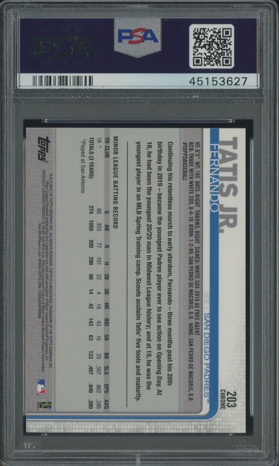 2019 Topps Chrome #203 Fernando Tatis Jr San Diego Padres RC Rookie PSA 10 view 2