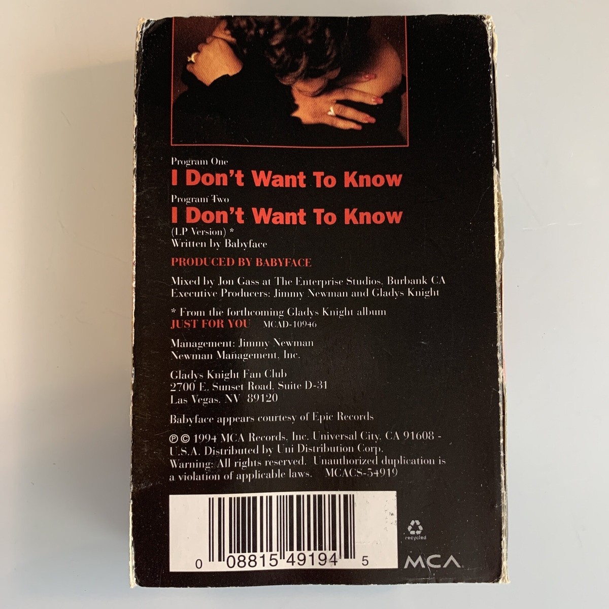 Gladys Knight: I Don't Want To Know: Cassette Single Gladys Knight: I Don't Want To Know: Cassette Single