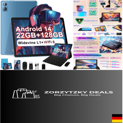 Android Tablet Blau 10 Zoll, 22 GB RAM, 128 GB Speicher, 8 Core CPU, Face ID,...