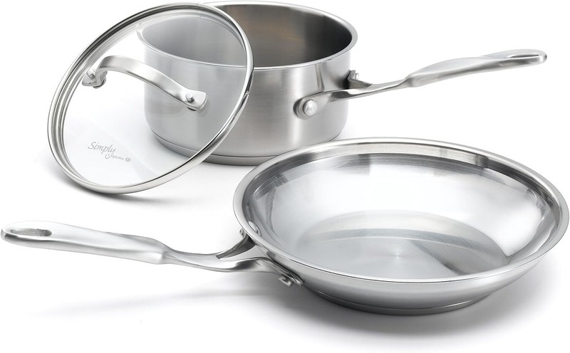 New Simply Calphalon Stainless 8 Inch Omelette and 1 Quart Covered Sauce Pan Set
