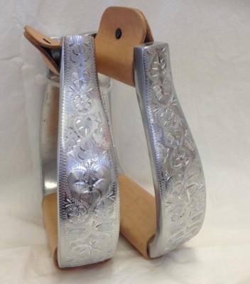 Engraved Polished Aluminum Silver Western Horse Show Pleasure Saddle Stirrups