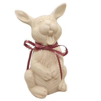 Vintage White Laughing Bunny Rabbit With Pink Ribbon Ceramic Easter Decor