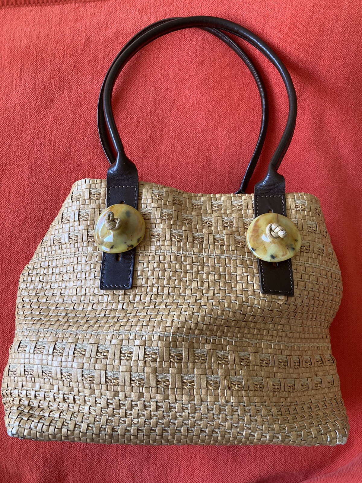Vintage Roberto Pancani Woven Straw Tote Bag Leather Handles Made in