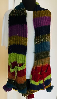 Hand Knit Scarf/Pockets Each End Reversible Multi Colors & Multi FibersPomPoms