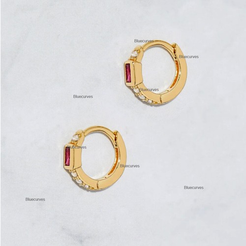 Baguette Ruby & Side Diamonds Mini Hoops Earrings In 14K Yellow Gold Minimalist - Picture 8 of 10