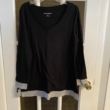 Fashion Bug Layered Look Long Sleeve Cotton Top Black Gray Size XL