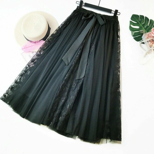 Damen Lolita Netz Rock Tüll Spitze Plissiert Midi Kleid A-Linien Hohe Taille - Bild 15 von 15