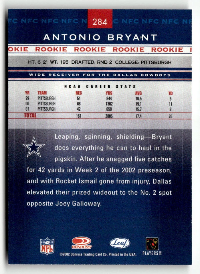2002 Leaf Rookies & Stars #284 Antonio Bryant - Image 2 of 2