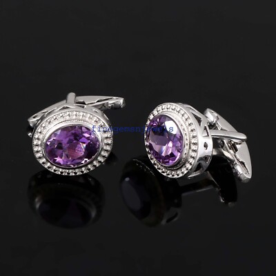 Natural Oval Cut Amethyst Gemstone 925 Sterling silver Cufflinks For Men's #4N9