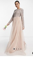BNWT ASOS WOMENS MAYA SIZE 10 TAUPE BLUSH LONG SLEEVE BRIDESMAID DRESS MAXI GOWN
