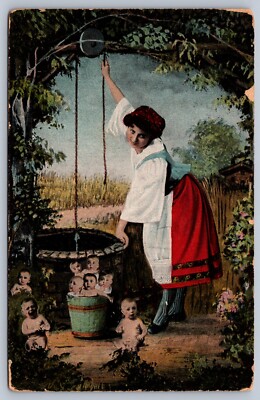 Postcard Multiple Babies Woman Pulling Buckets Full of Babies From Well