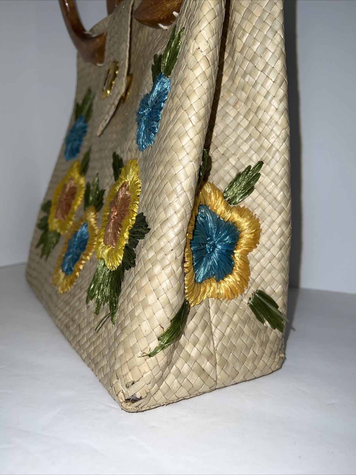 Vintage Straw Woven Floral Embroidered Purse Bag Tote Boho Basket ...