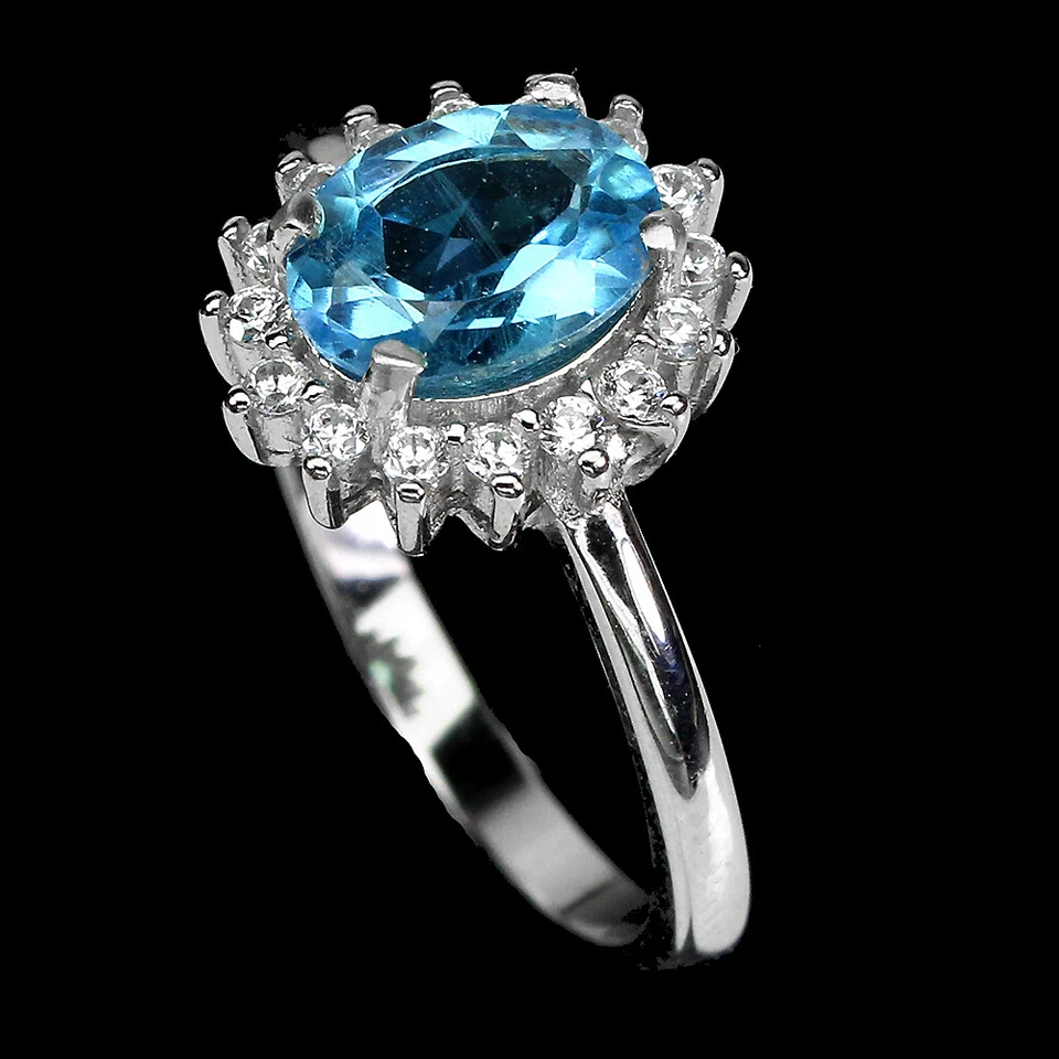 925 Argento Sterling Ovale Svizzero Blu Topazio 8x6mm Finto Zirconi Anello 8 - Immagine 2 di 4