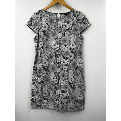 Brooks Brothers Black White Houndstooth Floral Print Knee Length Shift  Dress