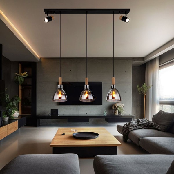 HäNgeleuchte Pendellampe Esszimmerleuchte 5-Flammig Holz Rauchglas Schwarz 120Cm-image