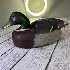Antique Lg. 15” Hand-Carved Hand-Painted Duck Decoy Mallard, Drake Glass Eyes.