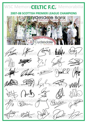 12839. 2007-08 Glasgow Celtic Signed Team Photo Sheet PRINTED AUTOS SPL Win